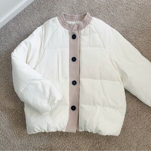 White/Beige Contrasted Real Down Jackets Stylish Basic Quilted Puffer Jackets